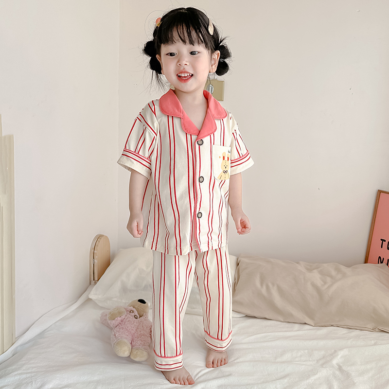 韩国女童家居服薄款女孩睡衣甜美夏天短袖长裤纯棉套装儿童空调服