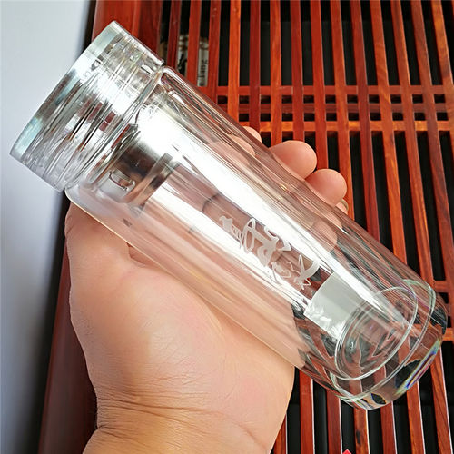 正品名辉双层玻璃杯高山流水全透明水晶底过滤带盖便携商务水杯子 - 图1