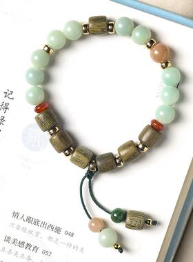 原创国潮文艺手作檀木桶型珠拼接奶青风化菩提单圈穗子女森系手链