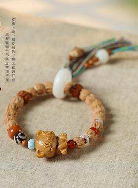 颜值民族风手串高油高密百香籽白玉菩提跑环编绳流苏檀木小熊手串