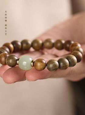 原创绿檀木DIY手工编织创意国风森系男女情侣款玉石转运单圈手串