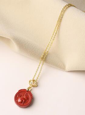 森系文艺轻奢小众款项链朱砂雕可爱玉兔圆牌双面精雕本命兔年项链