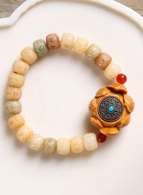 原生态风化菩提精雕六字真言老型珠转运莲花转动国潮男女单圈手链