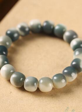 原创菩提根渐变色烟灰绿阴菩提老型珠盘玩手串女手链闺蜜禅意手串