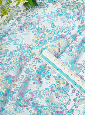 白浅蓝色织锦缎花唯美手工新中式女装面料汉服靠枕diy口金包布料