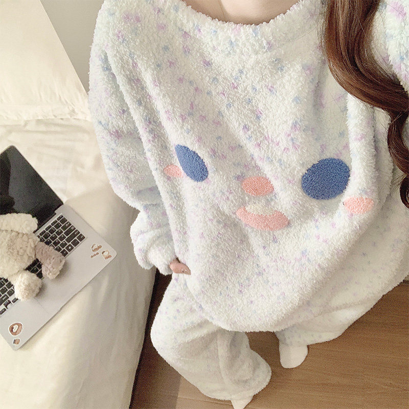 半边绒睡衣女冬可外穿甜美笑脸加绒加厚保暖长袖套装可外穿家居服,淘宝优惠券,粉丝福利购,淘宝优惠卷