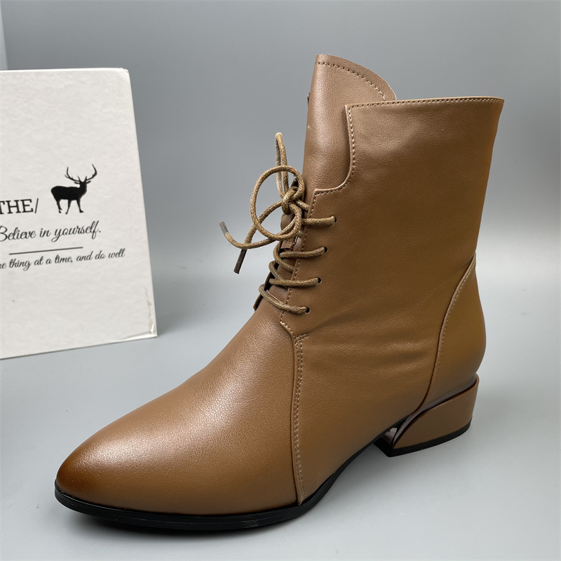 品牌头层牛皮加厚绒保暖短靴女粗跟中筒马丁靴百搭瘦瘦靴棕色单靴 - 图2