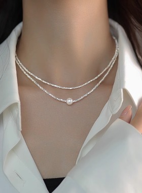 纯银碎银子天然淡水珍珠项链女双层缠绕叠戴锁骨颈链生日礼物