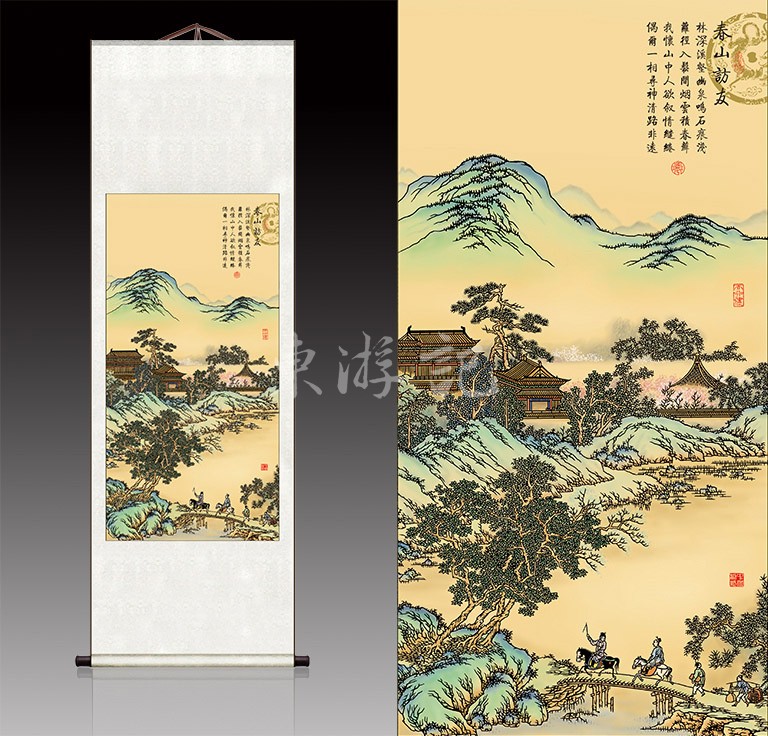 丝绸国画剪纸卷轴：《春山访友》，送外国人老外领导中国特色礼品 - 图0