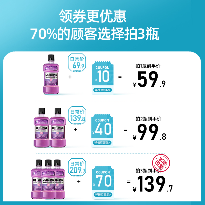 listerine李施德林旗舰店李施德林多效漱口水减少牙菌斑口臭口气异味清新口腔防蛀牙男女士1