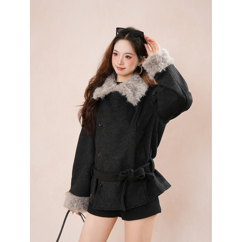 【丝绒黑巧】韩系毛呢外套深灰色短裤两件套女冬季慵懒风气质套装,淘宝优惠券,粉丝福利购,淘宝优惠卷