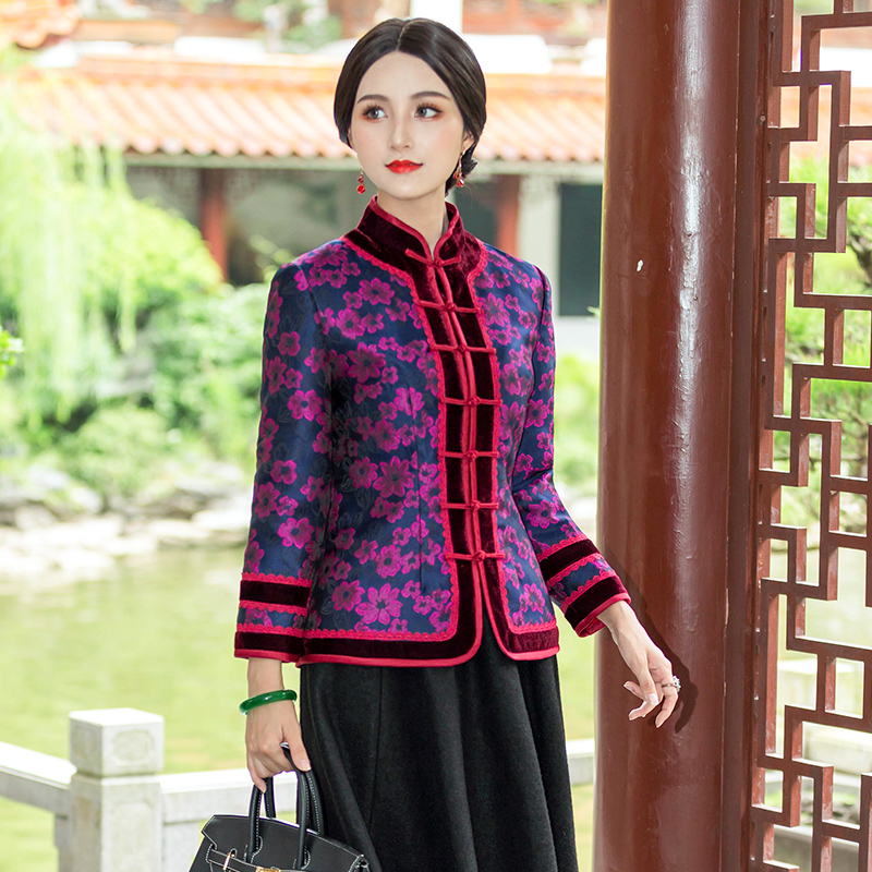 短款旗袍上衣秋冬新款中式复古对襟大码妈妈高贵优雅夹棉加厚唐装 - 图1