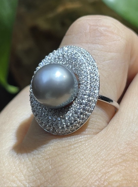 天然海水大溪地黑珍珠银镶戒指大气高贵