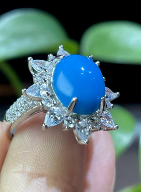 天然美国蓝松石戒指女款925银镶嵌高瓷蓝设计时尚百搭