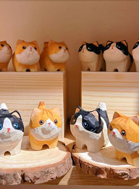 木雕小猫摆件 手工雕刻桌面车载礼物饰品 简约招财治愈礼物