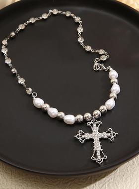 Pearl Cross Pendant Necklace Sweet Female clavicle chain项链