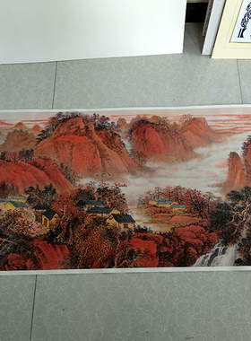 吴广红色江山万年长艺术微喷复制品画横幅山水国画宣纸画芯装饰画