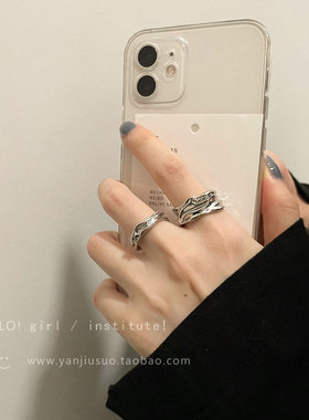 韩版S925银嘻哈折叠戒指女复古时尚个性熔岩开口指环朋克食指