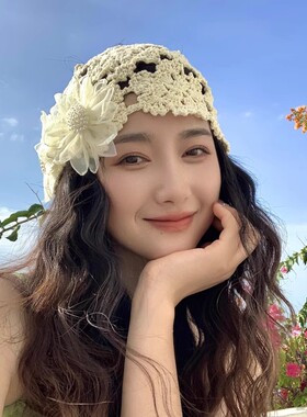 春夏新款甜美花朵镂空编织包头帽