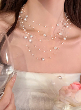 白月光多层缠绕珍珠项链女ins风简约轻奢风小众设计感锁骨链