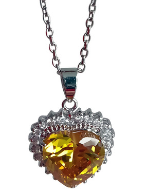 铜镀白金项链黄红色水晶爱心吊坠
