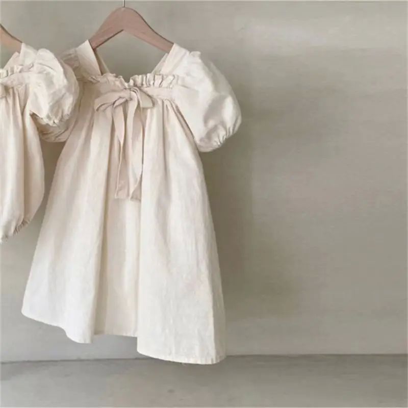 Summer New Baby Girl Puff Sleeve Square Collar Dress Cute Gi - 图0