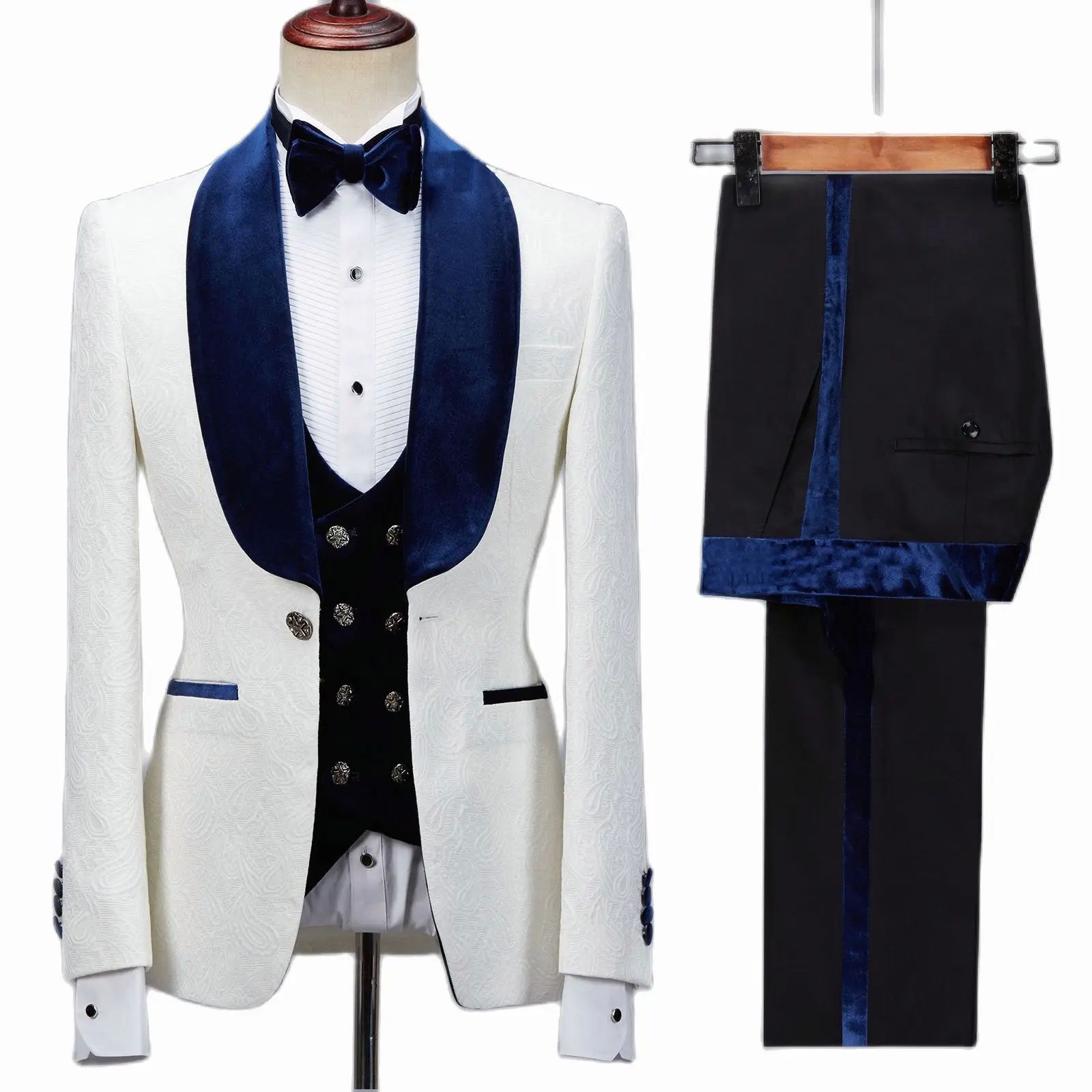 Floral Jacket Men Suit Slim Fit Wedding Tuxedo Navy Blue Vel - 图1