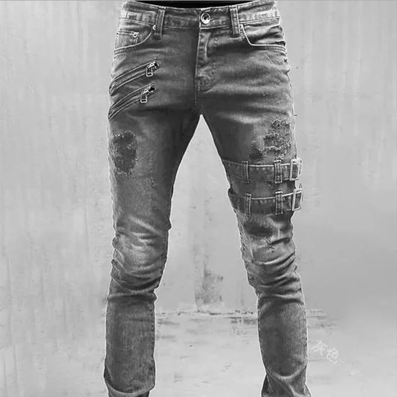 2022 New Jeans Men Fashion Hole Streetwear Straight Jeans Sp - 图1