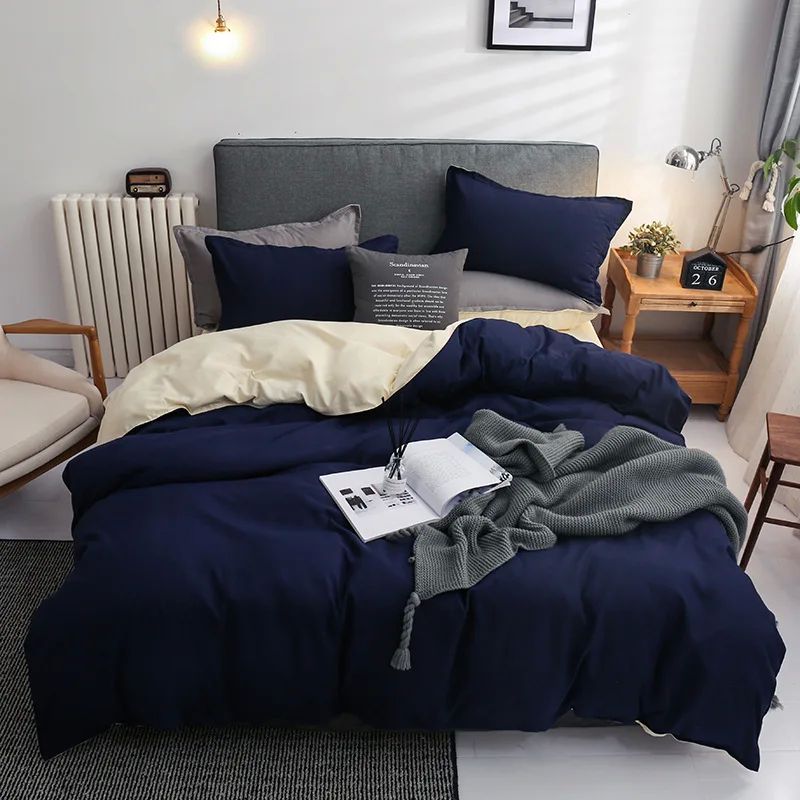 Nordic 3/4Pcs Solid Solor Bedding Set Home Duvet ver Sheet Q - 图0