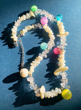 {鱼耳Museum}原创可爱多彩撞色泡泡猫眼天然贝壳串珠项链锁骨链