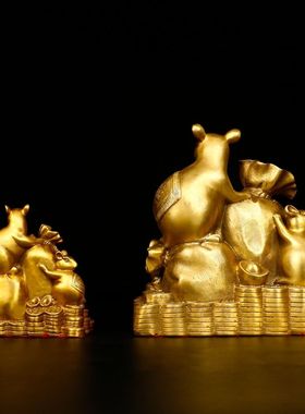 纯黄铜五鼠运财金钱袋鼠十二生肖鼠家居办公室聚财铜老鼠摆件礼品