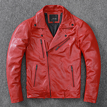 Personality Locomotive Clothing Genuine Leather Leather Clothing Mens Leather Jacket Sheep Leather Mid Youth Red for short version slim fit