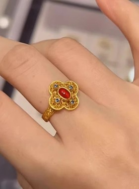 古法金色花丝镶嵌红石中式尾戒子