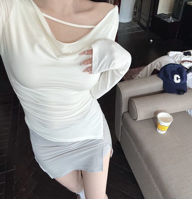 JAMAIS VU Clearance Swing Collar Style Korean niche Design Strap Waist Pleated Long Sleeve Top