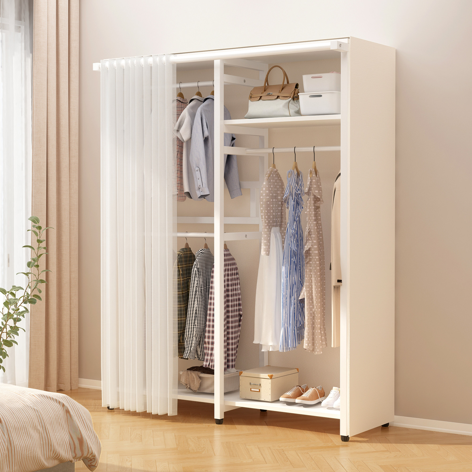 金属衣柜开放式防尘衣帽架卧室挂衣架出租屋简易衣橱柜落地收纳架,淘宝优惠券,粉丝福利购,淘宝优惠卷