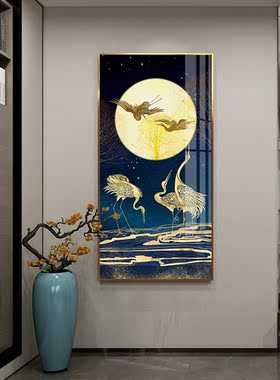 新中式走廊过道晶瓷画轻奢现代玄关壁画仙鹤中国风竖版风水挂画