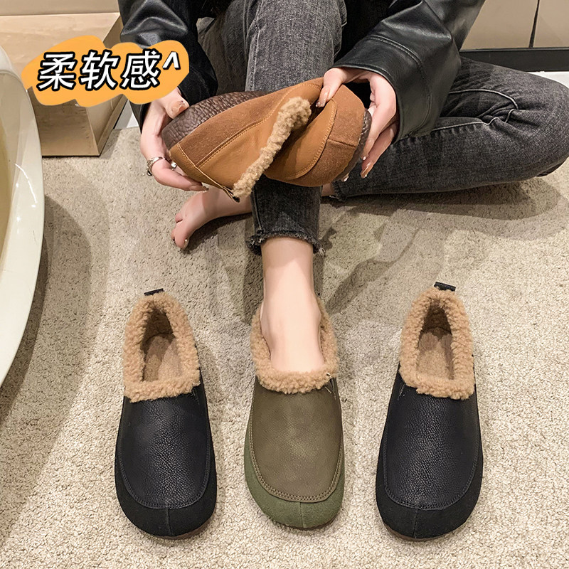豆豆鞋女冬加绒保暖雪地靴毛毛鞋2023年圆头平底软皮一脚蹬棉鞋,淘宝优惠券,粉丝福利购,淘宝优惠卷