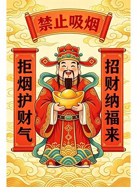 财神爷禁止吸烟告示海报爆款墙贴电梯室内外墙上贴纸自粘防水防晒
