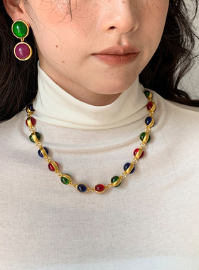 Willa｜欧美重工中古vintage复古琉璃小众项链彩色高级锁骨链耳环