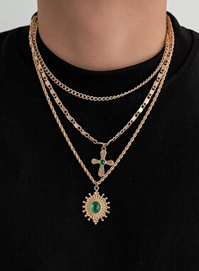 Willa｜男女同款镶钻十字架叠戴组合项链甜酷仿绿宝石仿珍珠项链