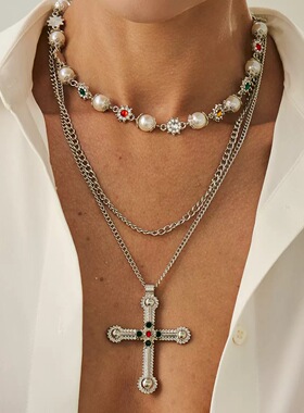 Willa｜ins银色十字架叠戴合金项链男女同款个性朋克风仿珍珠项链