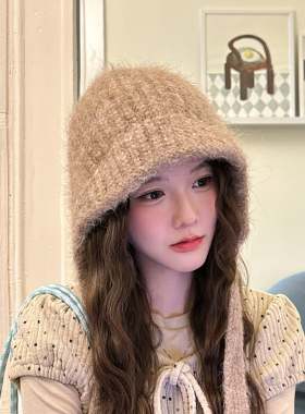 纯色简约毛线帽女秋冬保暖护耳针织雷锋帽百搭显脸小系带飞行帽子