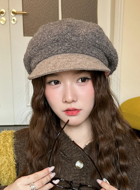 羊毛贝雷帽女秋冬新款显脸小软檐报童帽子防寒保暖百搭女士八角帽