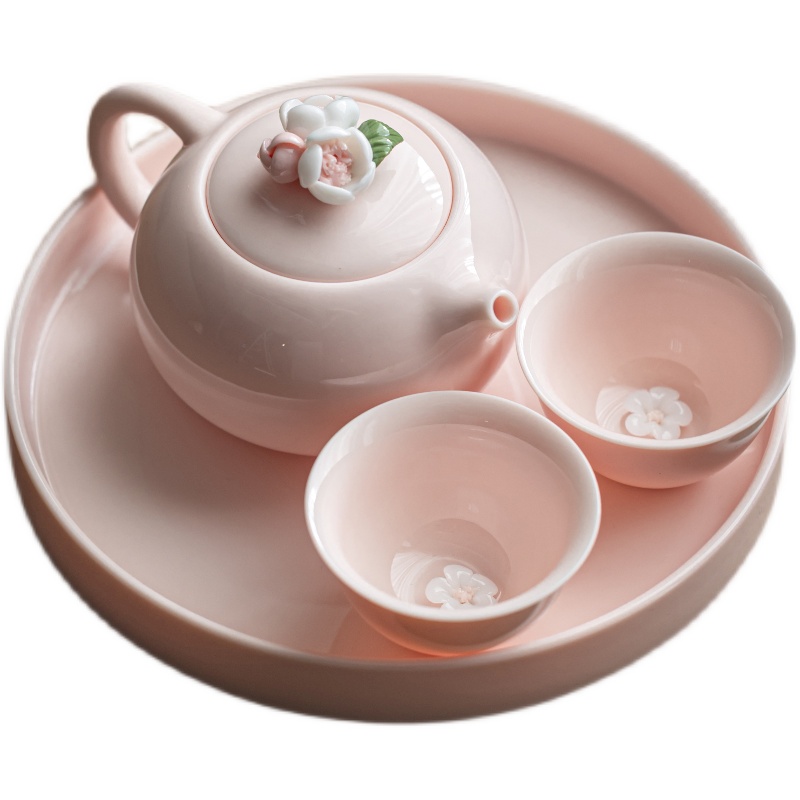 粉色捏花茶壶茶杯套装家用盖碗泡茶壶功夫茶具ins女士轻奢办公用