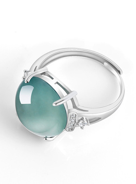 s925银镶天然A货翡翠蓝水蛋面戒指女款冰种玉石椭圆指环简约饰品