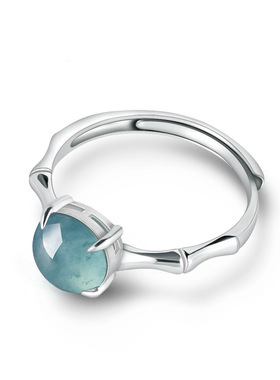 s925银镶天然A货翡翠蓝水蛋面戒指女款冰种玉石竹节指环简约饰品