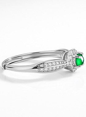 S925银镶嵌天然A货翡翠阳绿冰种玉石戒指时尚女士指环女款可调节