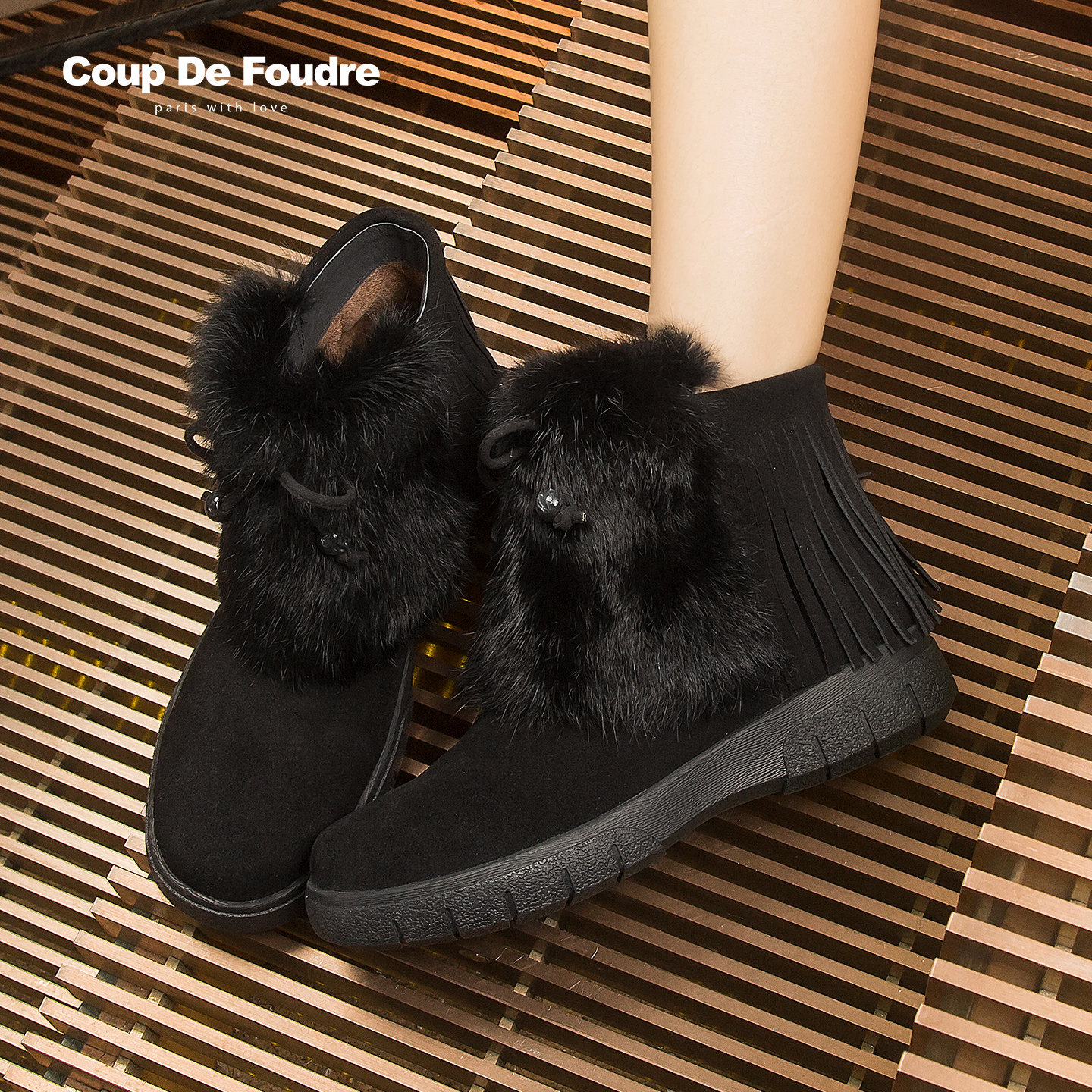 CDF女鞋2025秋冬新款时尚简约毛毛雪地靴纯色厚底加绒流苏时装靴,淘宝优惠券,粉丝福利购,淘宝优惠卷