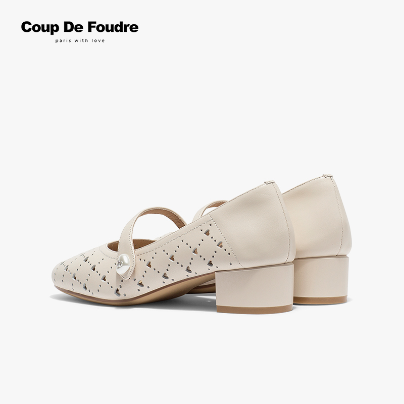 CDF女鞋轻奢秋季法式粗跟玛丽珍鞋圆头中跟浅口百搭真皮镂空单鞋 - 图1