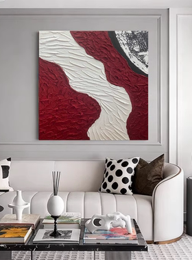 现代手绘油画《红红火火》抽象客厅沙发正方形餐厅装饰画红色挂画